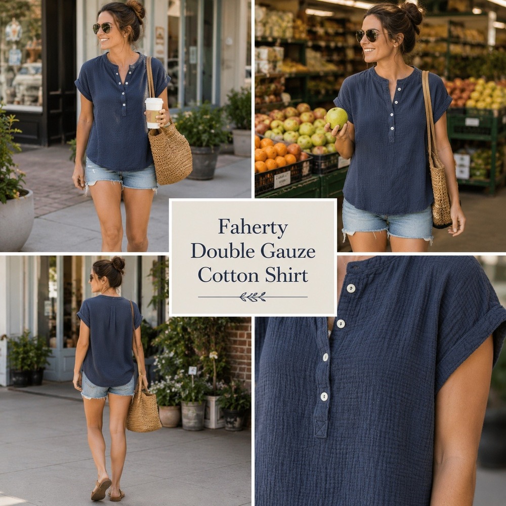 Faherty Women Blue Organic Cotton Double Gauze Henley Short Sleeve Top Medium